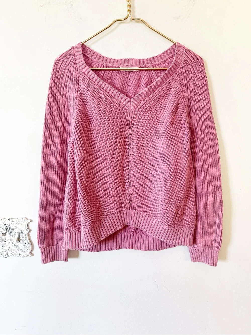 Marine Layer Ezra V-neck Ribbed Cotton Pink Sweater L